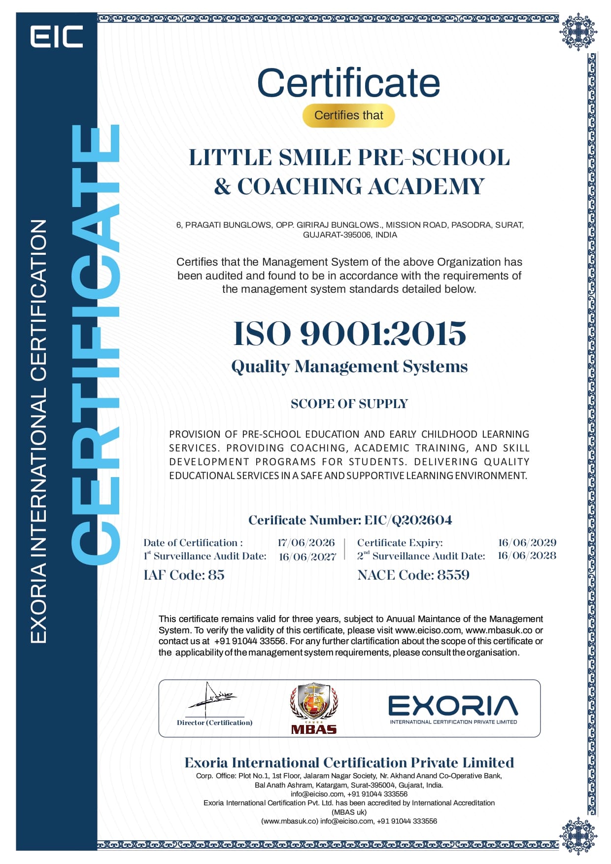 EIC ISO 9001:2015 Certificate – Little Smile Pre School