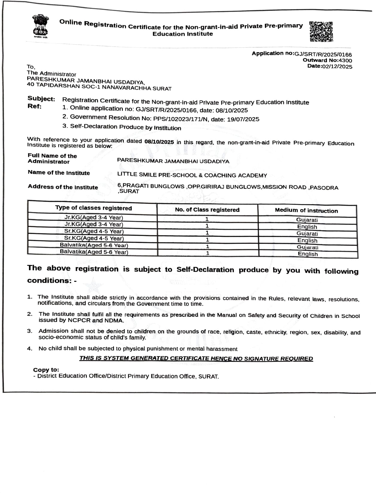 Official Registration Certificate – Little Smile Pre School